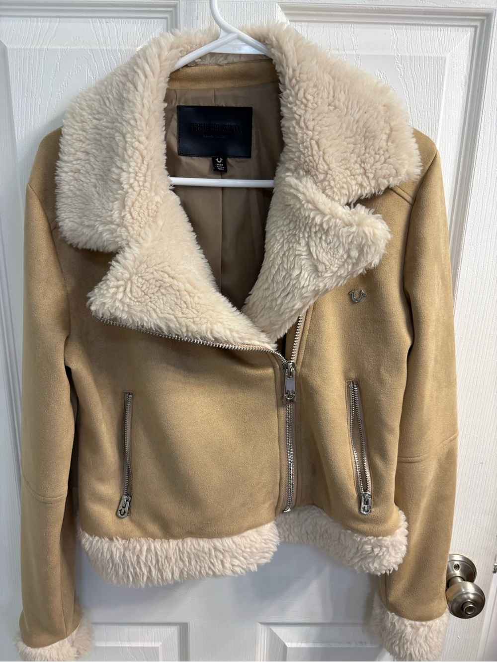 True Religion Tan Teddy Moto Jacket with Cream Shearling